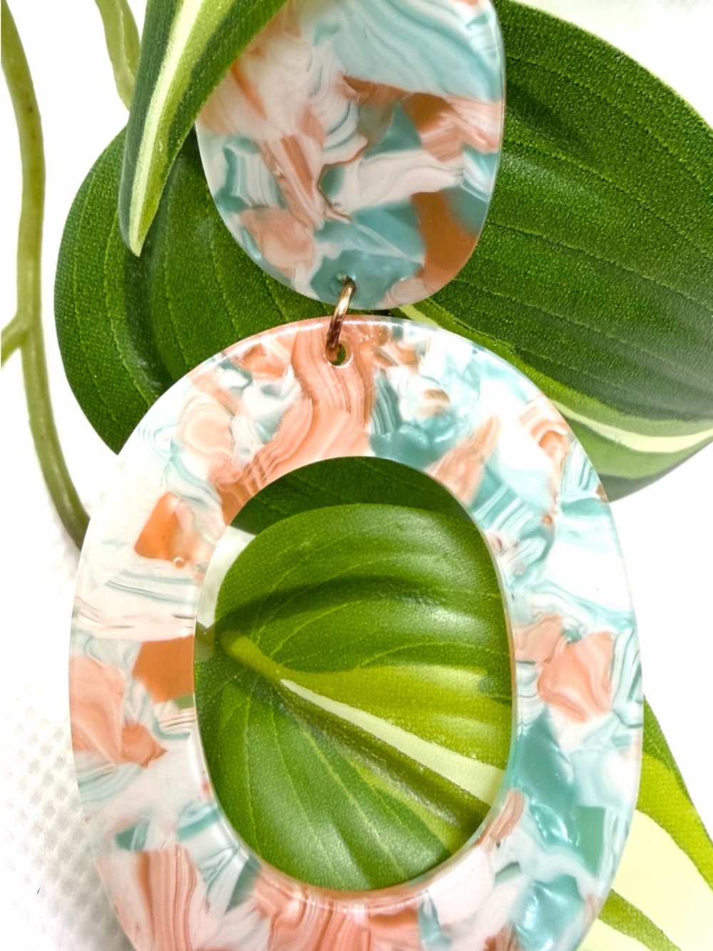 Marbled Acrylic Oval Drop Earrings in Coral & Aqua - Picture 2 of 3